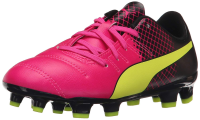 Puma Unisex-Child Evopower 4.3 Firm Ground Soccer Shoe, Pink Glo/Safety Yellow, 4.5 B US Big Kid