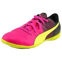 Puma Unisex-Child Evopower 4.3 Indoor Trainer Soccer Shoe, Pink Glo/Safety Yellow, 4 B US Big Kid